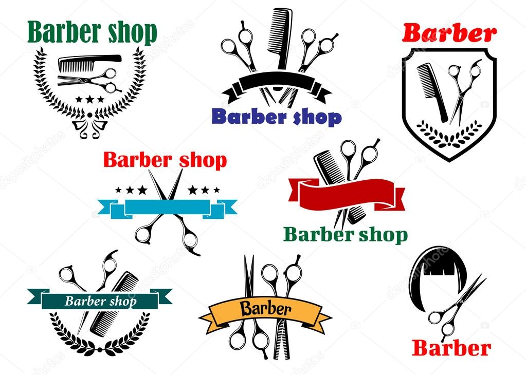 Barber shop emblems and labels for signboard design with open scissors, brushes, haircut silhouette part of them with ribbon banners and wreathes
