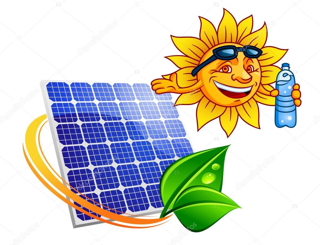 Solar panel with cartoon sun and bottle