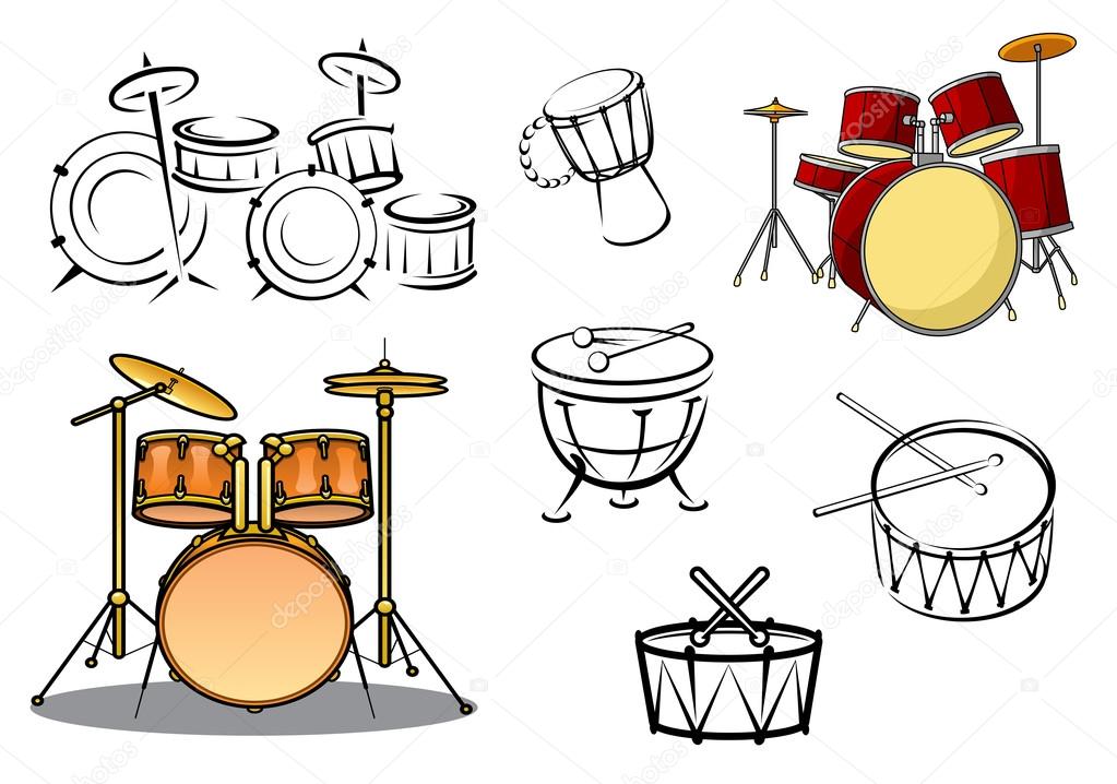 Drum plants, timpani, snare drum, bass drum and congas in cartoon and sketch style for percussion and music design