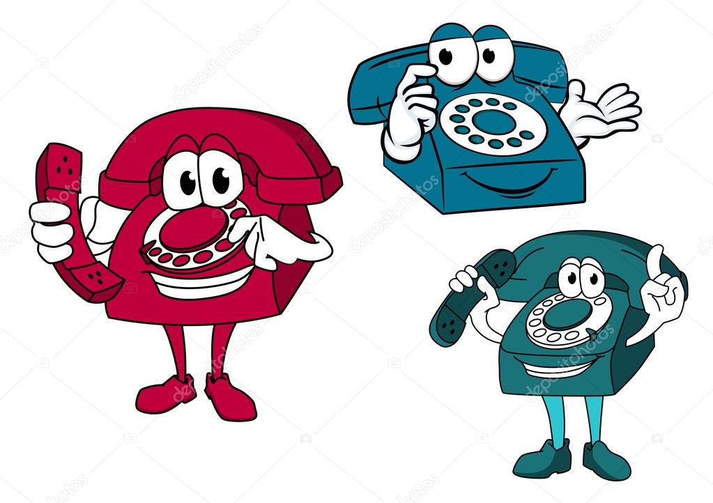 Smiling cartooned dial telephones in blue and red colors holding up the phone