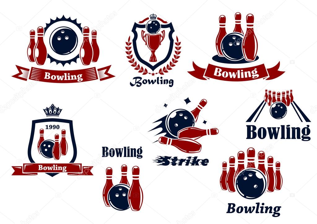 Bowling team or club emblems and icons with bowling balls, ninepins, alley, trophy, shields, banners, crowns, wreath and captions Bowling, Strike in dark blue and red colors