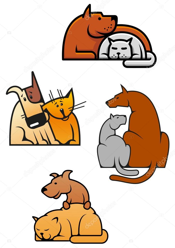 Veterinary service or pet shop emblems with cartoon cat and dog pets characters