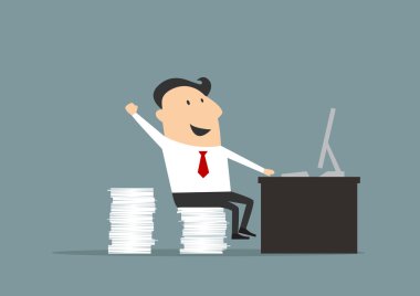 Happy flat businessman with computer