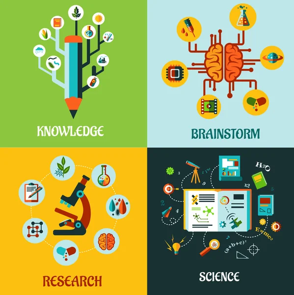 Conceitos planos de pesquisa, ciência e brainstorm — Vetor de Stock