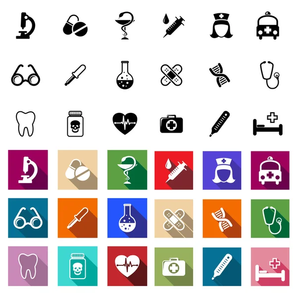 Iconos médicos planos negros y coloreados — Vector de stock