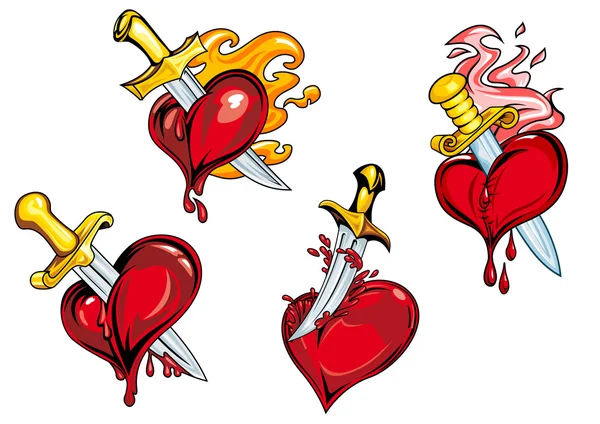 Blutende Herzen durch Dolche erstochen — Stockvektor
