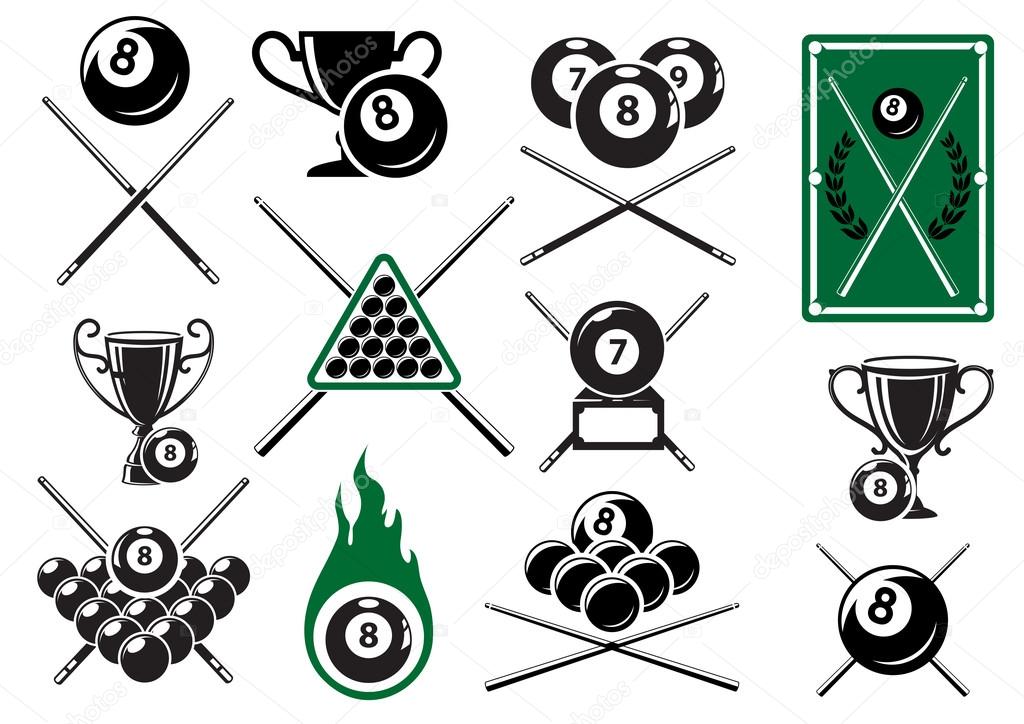 Billiard, pool and snooker sports emblems with crossed cues, billiard balls, trophy cups and table