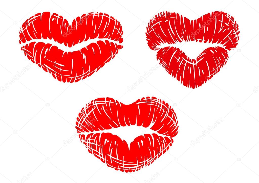 Red lip prints with heart shapes