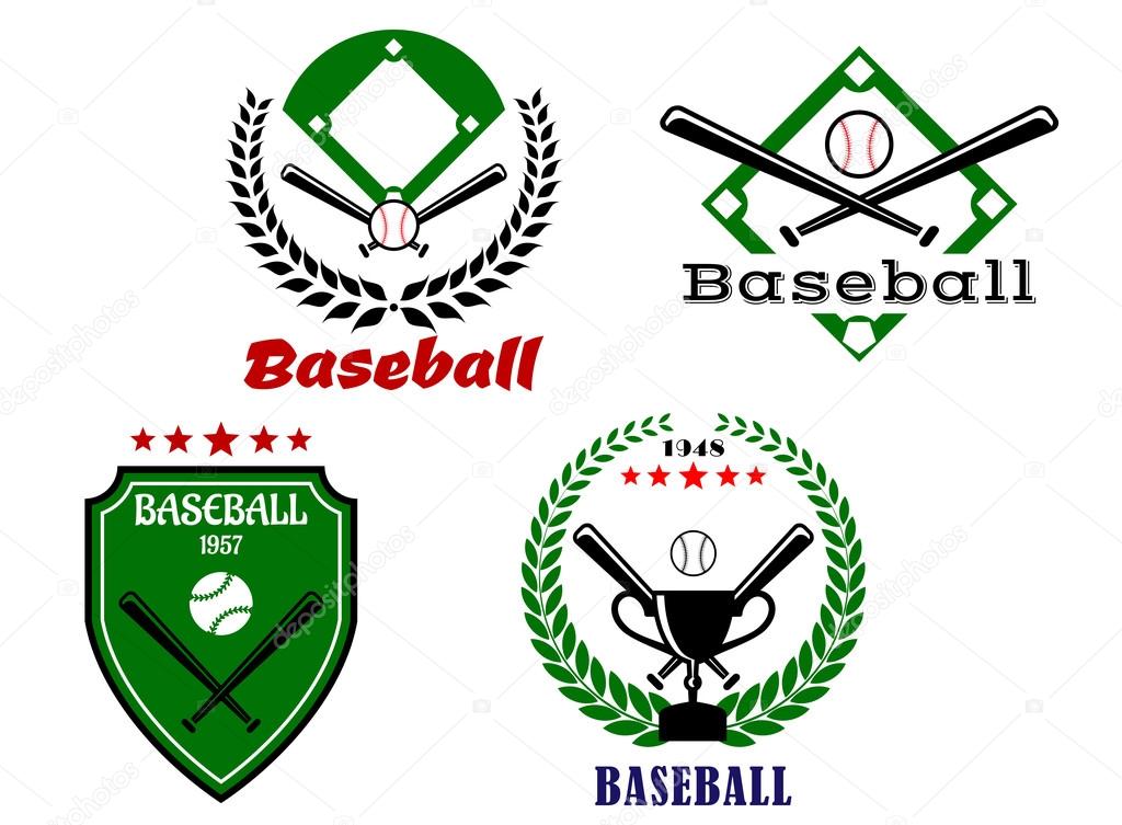 Baseball emblems with crossed bats, laurel wreathes, trophy cup and game base
