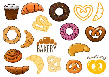 Anahatları belirlenmiş ve cartooned çörek, kek, kruvasan, çörek, simit