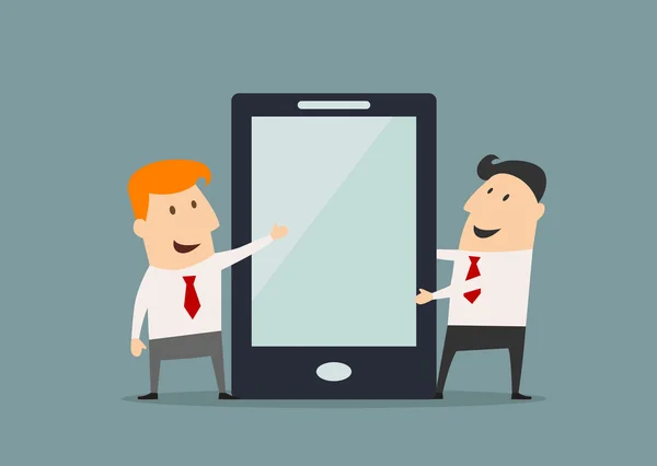 Cartoon businessmen with huge smartphone in flat style — Stockový vektor