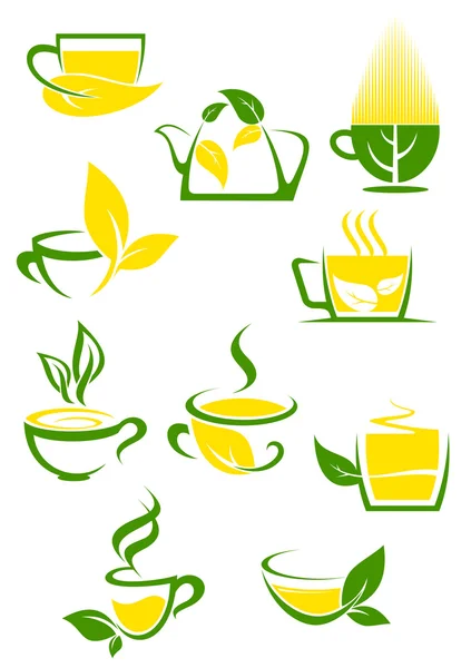 Iconos de té verde con tazas delineadas y tetera — Vector de stock