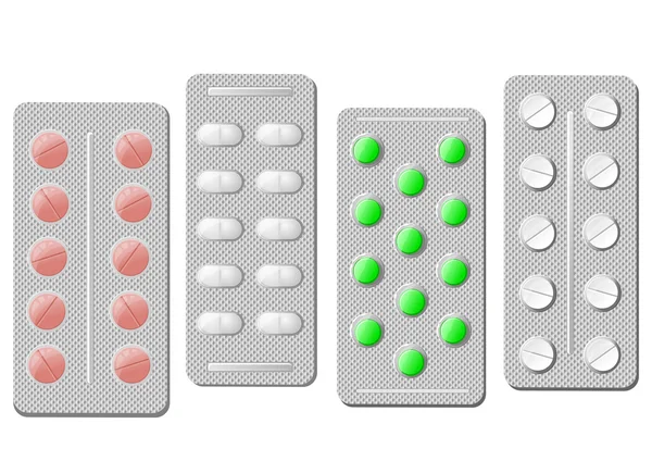 Pilules réalistes en plaquettes thermoformées argent avec réflexion — Image vectorielle