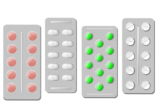 Realistické pilulky v stříbrné puchýře s odleskem — Stockový vektor