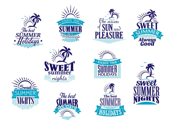 Vacaciones de verano y emblemas de vacaciones en colores azules — Vector de stock