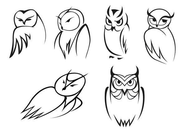 Iconos de búho pájaro en estilo de bosquejo garabato — Vector de stock