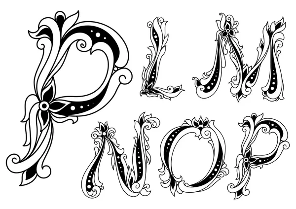 Letras del esquema floral P, L, M, N y O — Vector de stock
