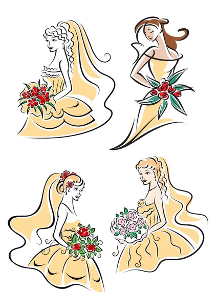 Happy outline brides with lush bouquets — Stock Vector