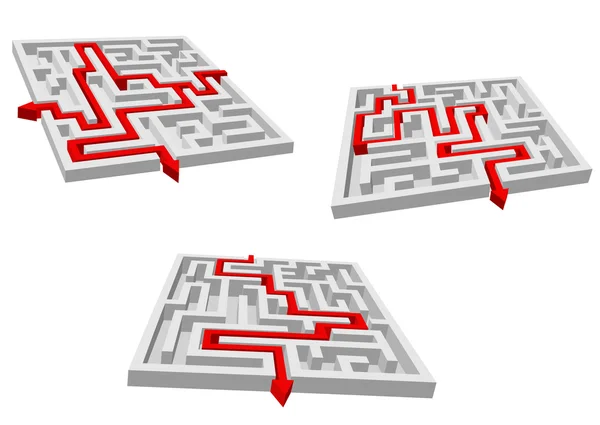 Doolhoven of labyrinten met rode prompts — Stockvector