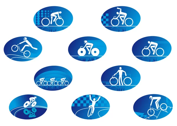Iconos deportivos de ciclismo azul con reflexión — Vector de stock