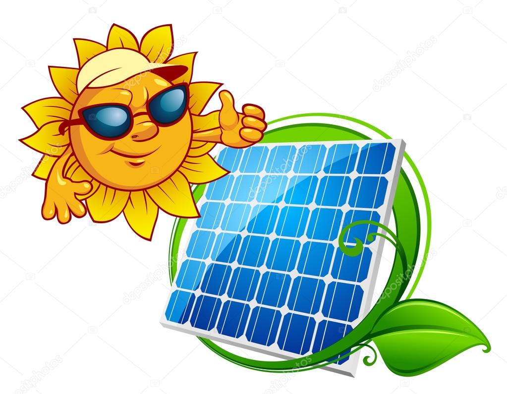 Cartooned cheerful sun with blue solar panel