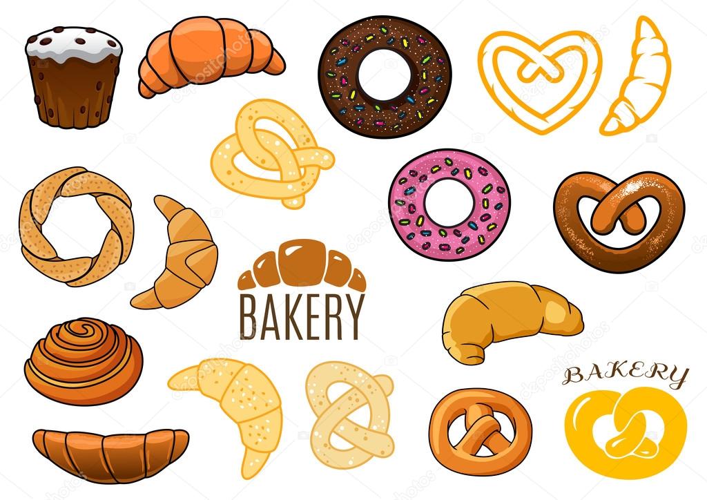Outlined and cartooned buns, cakes, croissants, donuts, pretzels