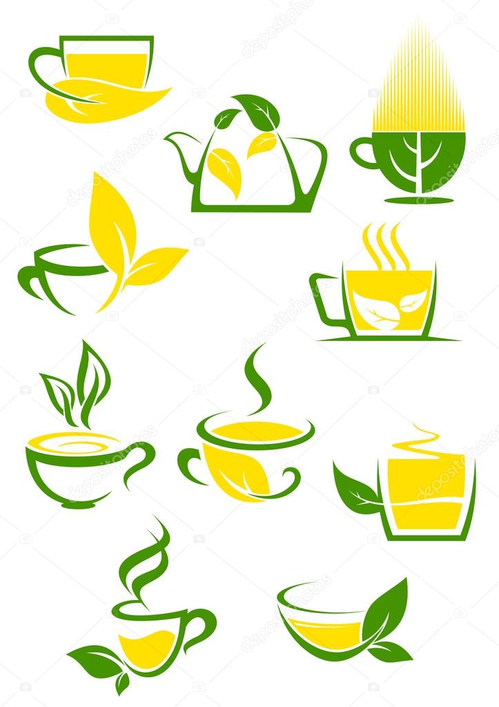 Green tea icons with outlined cups and teapot