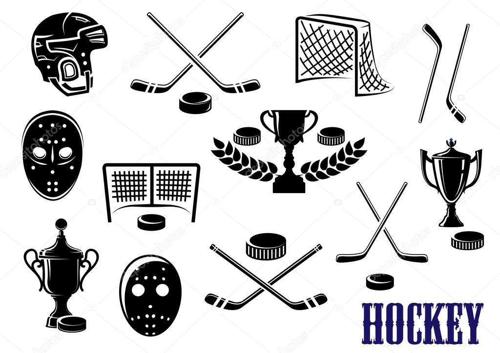 Ice hockey emblem and logo design elements with hockey pucks, masks, helmet, crossed sticks, gates and trophy cups decorated laurel wreath