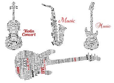 Gitar, keman ve saksafon notlar veya etiket bulutlar ile