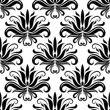 Stilize siyah çiçekler ile sorunsuz damask deseni