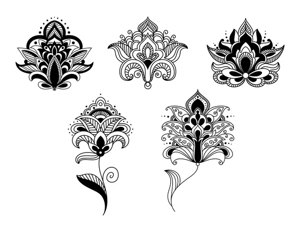 Encaje negro flores paisley en estilo persa — Vector de stock