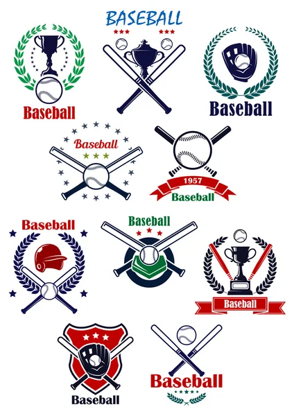 Baseball heraldic emblems or badges with equipments — Stock Vector