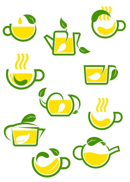 Icone di tè verde o alle erbe — Vettoriale Stock