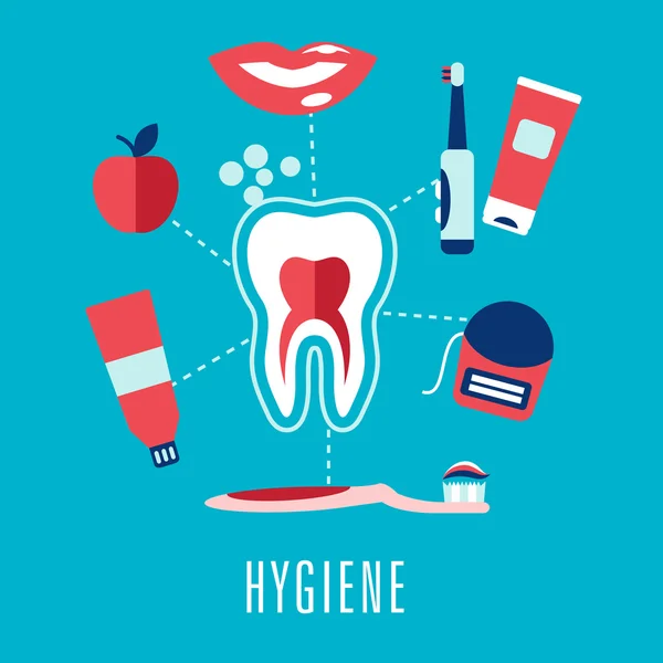 Iconos planos de higiene dental sobre fondo azul — Vector de stock