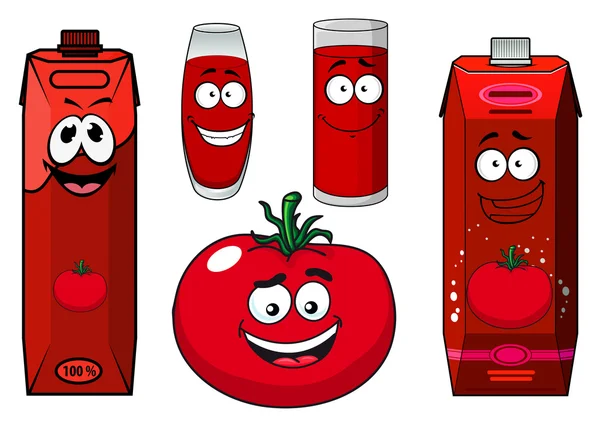 Vegetais de tomate de desenhos animados, pacotes de suco e óculos — Vetor de Stock