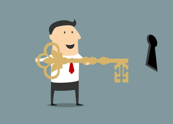 Cartoon businessman with golden key of success —  Vetores de Stock