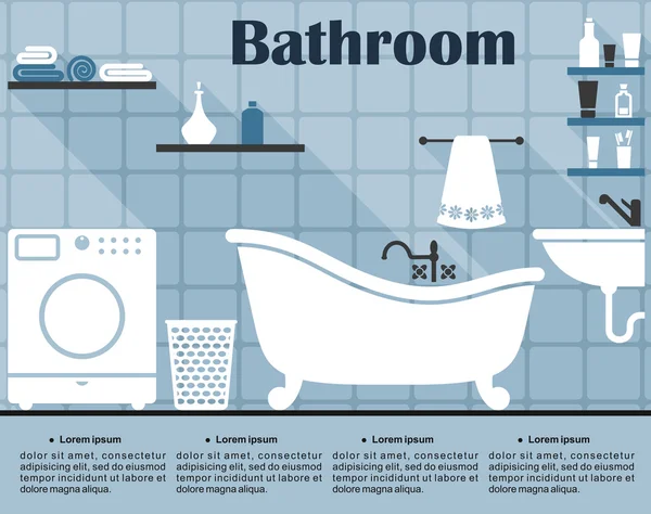 Interior de banheiro azul plano com sombras longas —  Vetores de Stock