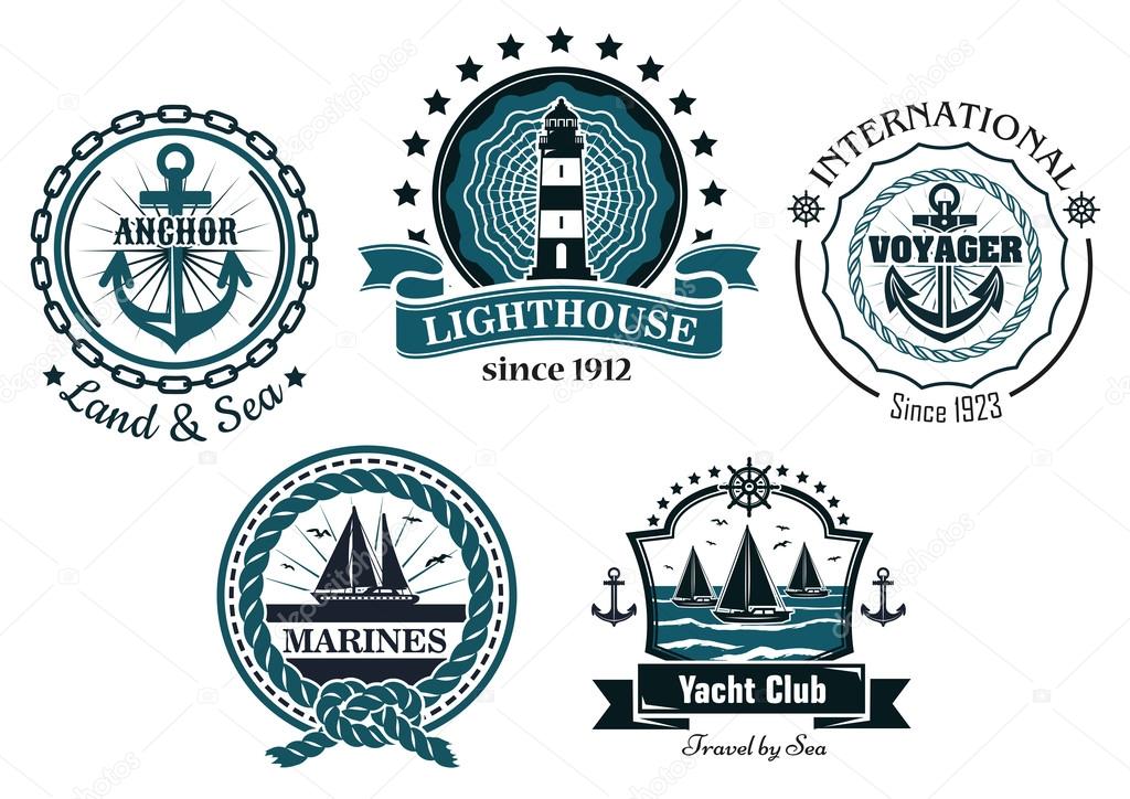 Vintage marine labels and emblems showing anchors, lighthouse, yachts, helm, ropes, chains and ribbon banners