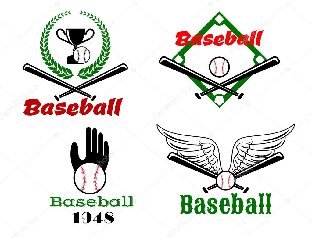 Sporting emblems depicting baseball balls and crossed bats against wings, glove, field and trophy cup in framed laurel wreath with caption Baseball