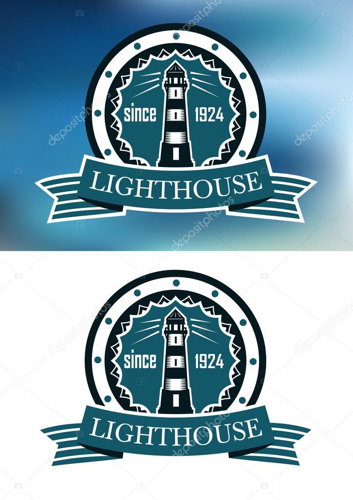 Retro blue lighthouse logo or emblem showing old tower and date foundation framed in round stamp with striped ribbon banner on white and blurred backgrounds