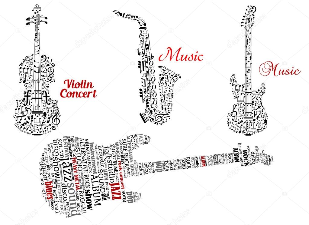 Guitar, violin and saxophone with notes or tag clouds