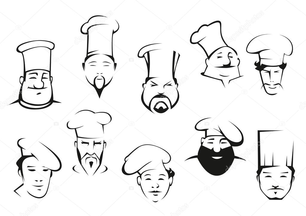 Chef or cook characters in cartoon sketch style in toques with mustaches and beards. Different nationalities and emotional expressions for logo or emblem design