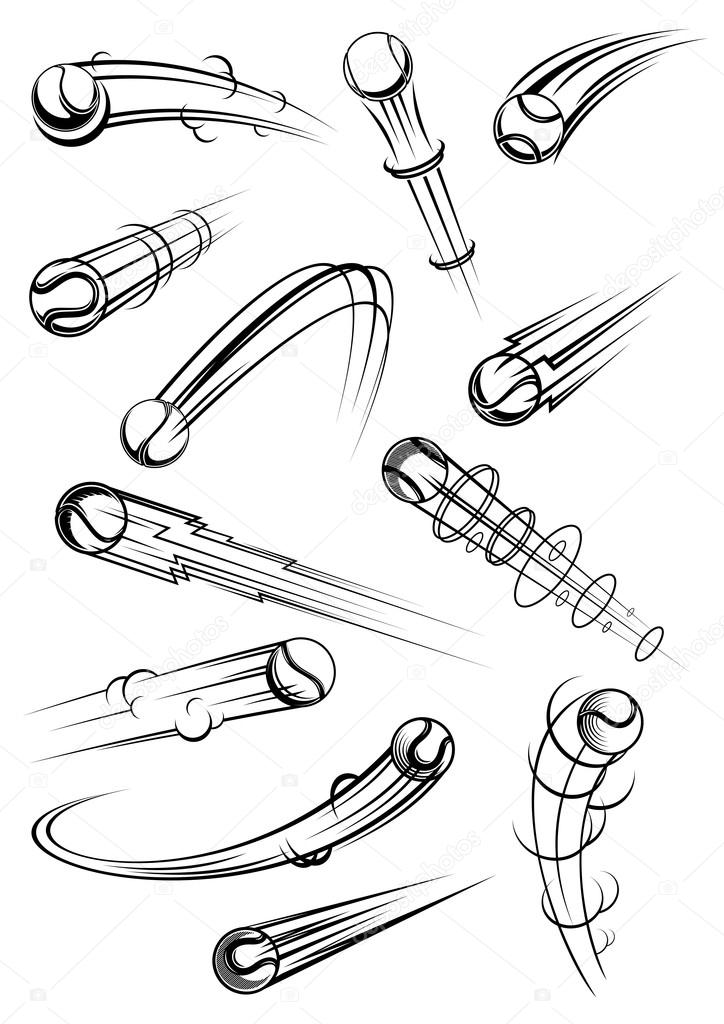 Tennis balls in outline sketches with comics elements clouds, lightnings, motion trails for sporting and comic book design