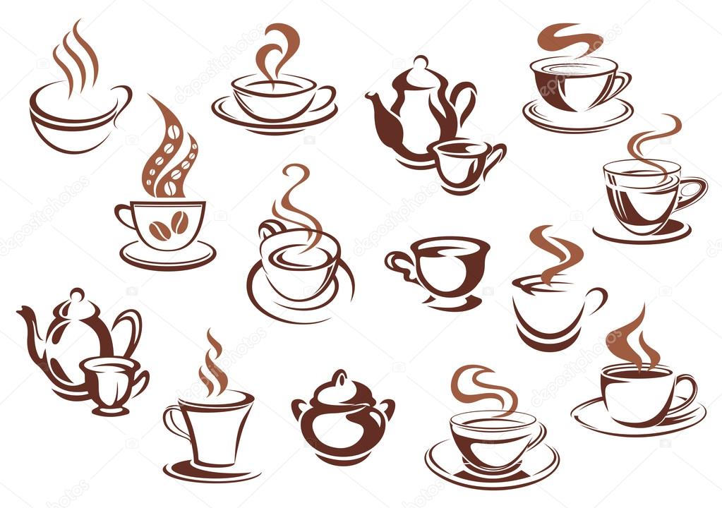 Coffee cups and pots in sketch style and brown colors with swirls of steam and coffee beans for cafe menu or coffee shop advertising design