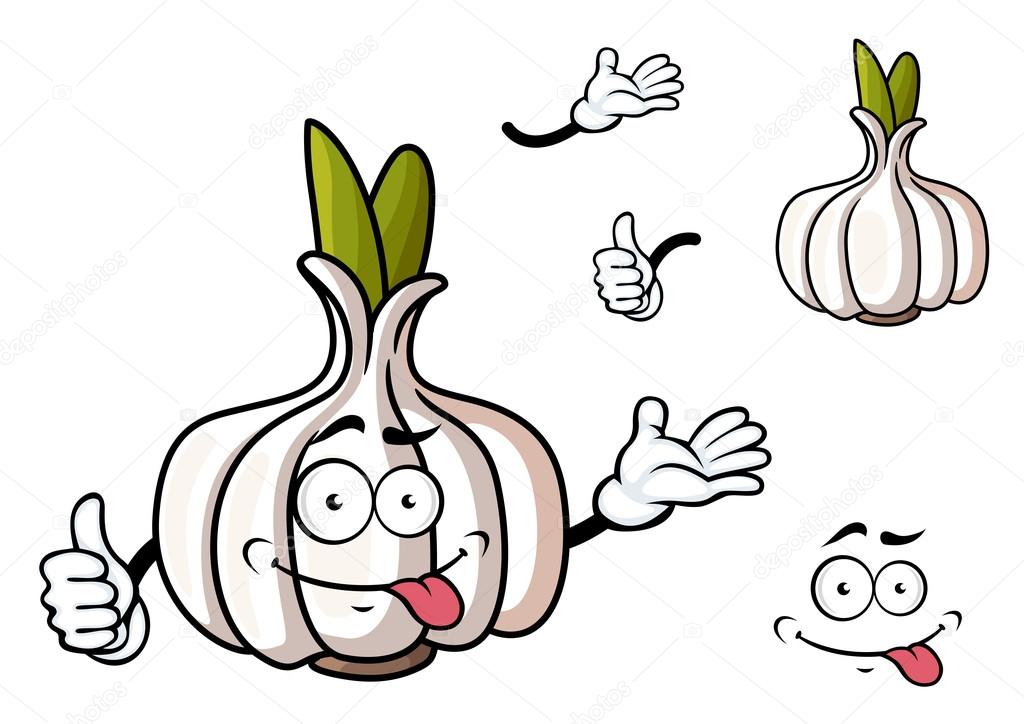Cartoon garlic vegetable character with green sprouts and funny grimace face suited for food pack or healthy nutrition concept design
