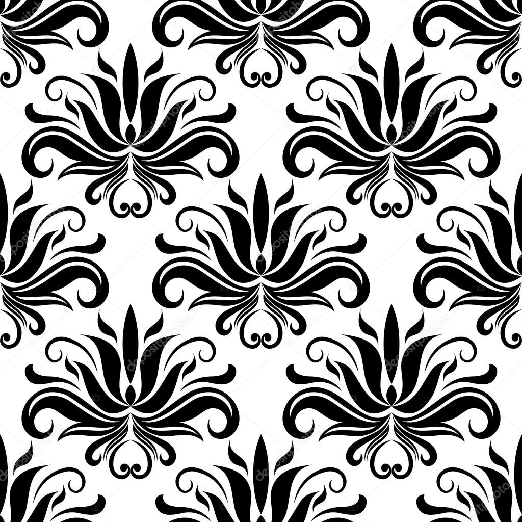 Seamless damask pattern with stylized black flowers