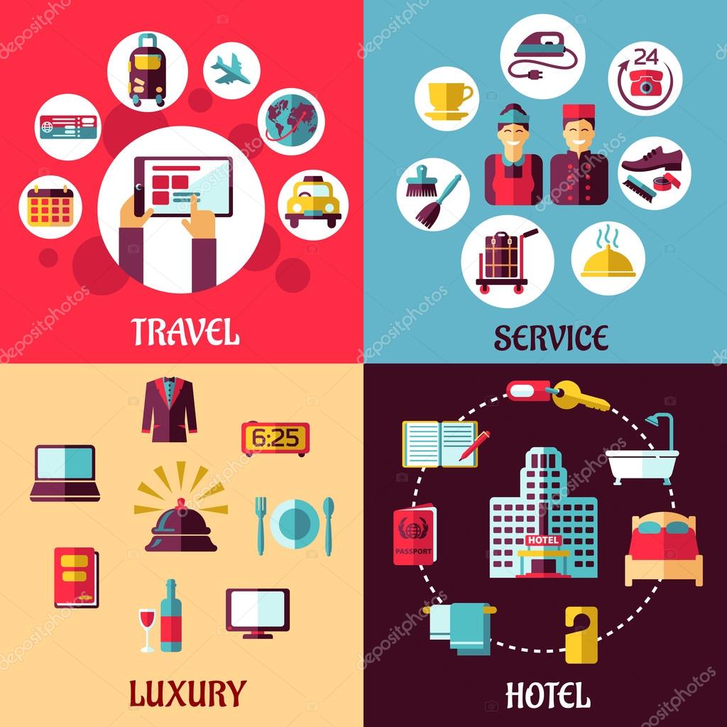 Travel and services flat concept with icons depicting internet booking, luxury, hotel, room service, reception and service staff symbols