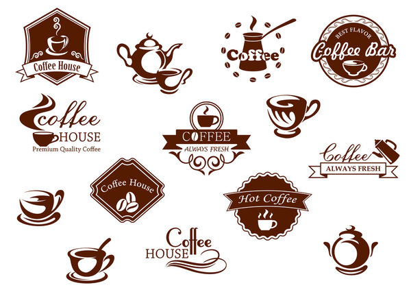 Кофе иконы, баннеры и логотипы в коричневом

