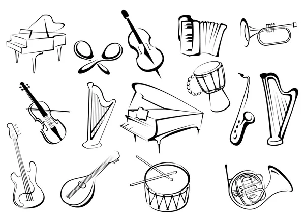 Instrumenty muzyczne ikony w styl szkic — Wektor stockowy