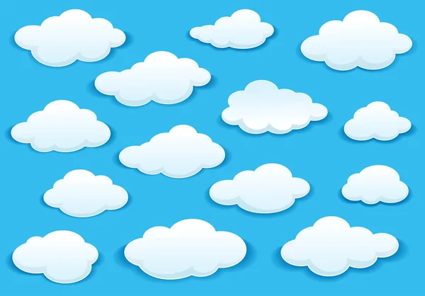 Iconos de nubes blancas esponjosas en el cielo azul — Vector de stock